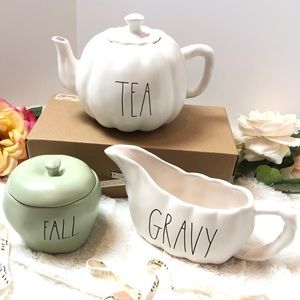 HTF pumpkin “Tea”pot, “Gravy” boat & “Fall” candle